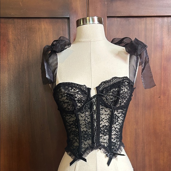Other - Black Lace Corset with Sheer Organza Bow Straps S
